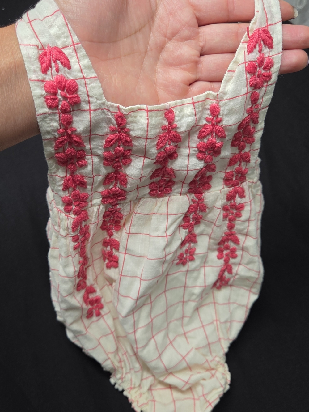Pink Chicken New York Grid Hand Embroidered Floral Bubble Romper 6/12M